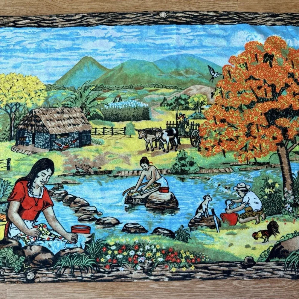 Vintage 1970s Hilasal Beach Towel Folk Art Village River Scene Landscape Bath